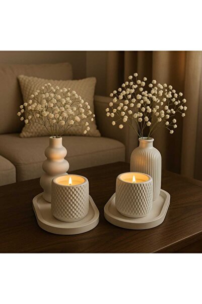 VANTES Çiçekli Seramik Vazo Ve Mum Seti – 2’li Dekoratif Masa Süsü(ÇİCEKLER D...