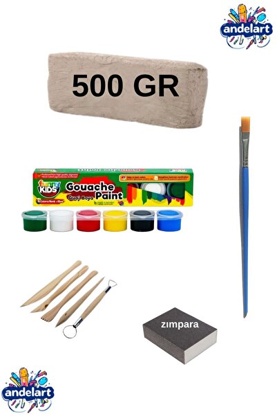 andelart Seramik Hamuru Başlangıç Seti, Guaj Boya, Ebeşuar Seti, Fırça, 500 gr Doğal Kil,