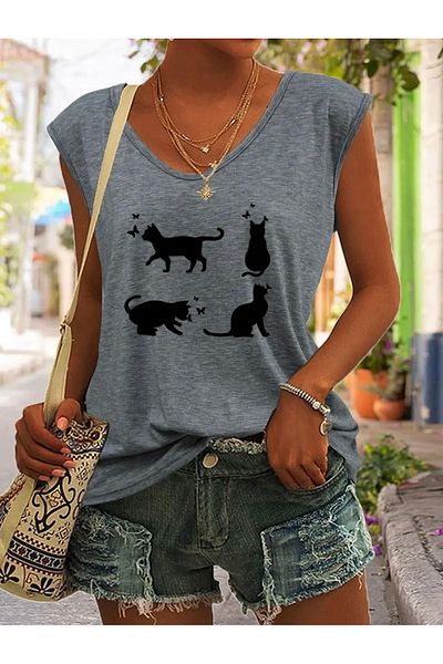 FUFLUNS Cat Printed Women's Oversize Sleeveless T-Shirt