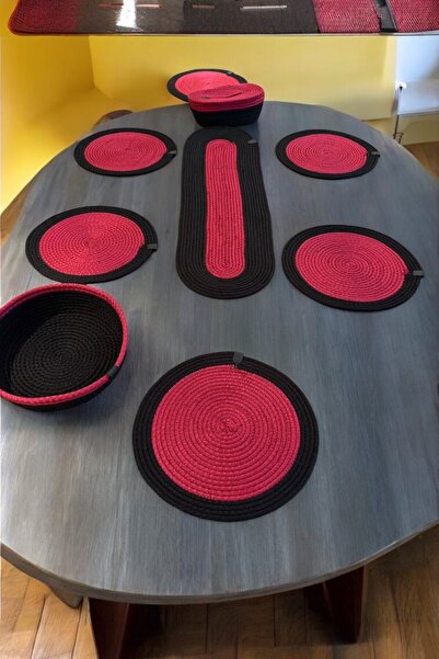 KRAFTELLA طقم تقديم مكون من 9 قطع باللون الأسود الفوشيا - مفرش، سلة خبز، حامل...