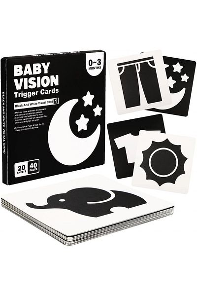 Junios Set of 40 visual and cognitive stimulation images for babies, black and white cards, 0-3 months