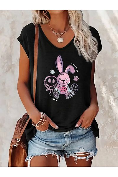 FUFLUNS Cute Rabbit Printed Women's Oversize Sleeveless T-Shirt