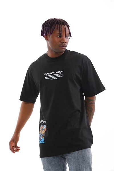 SuQ Unisex Crew Neck Printed Oversize T-Shirt - Black