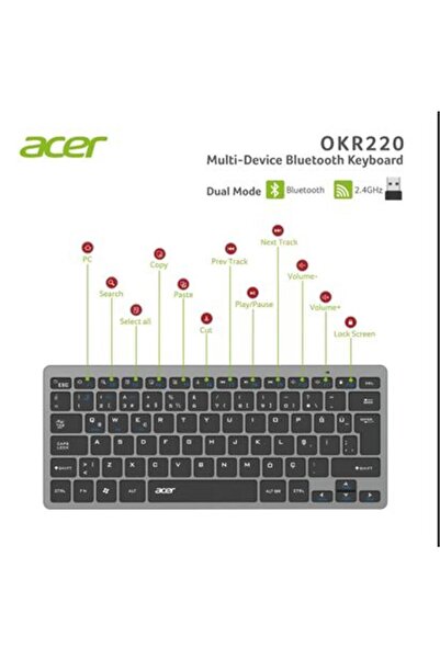 TREND Acer OKR220 Siyah MultiDevice Dual Mode 2.4GHZ Bluetooth Klavye (Smart ...