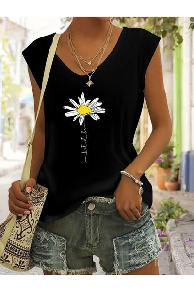 FUFLUNS تي شيرت نسائي بدون أكمام مطبوع عليه زهرة الأقحوان