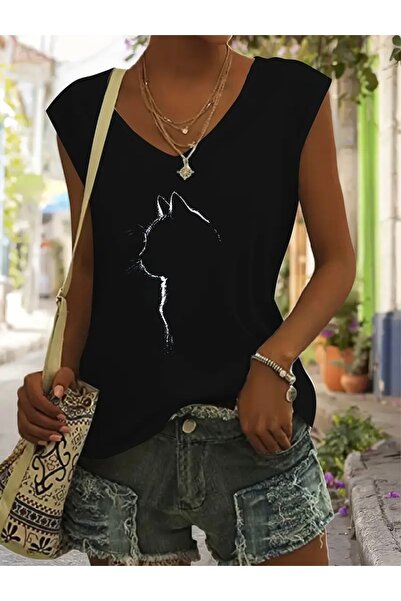 FUFLUNS تي شيرت نسائي بدون أكمام مطبوع عليه قطة