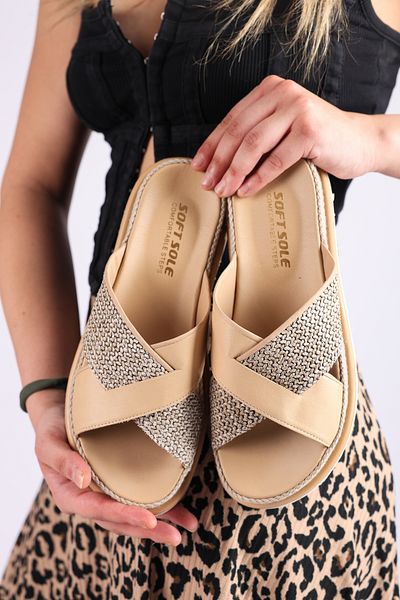 SOFT Women's Beige Color Straw Knitted Strap Slippers – Orthopedic Sole Summer Model