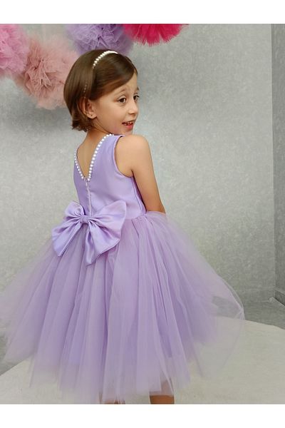 NSMLİFE Girl's Evening Dress Island, Lilac Collar with Pearls, Tutu Dress