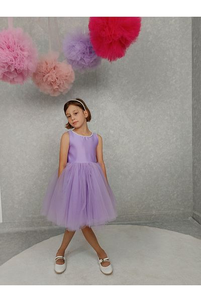 NSMLİFE Girl's Evening Dress Island, Lilac Collar with Pearls, Tutu Dress