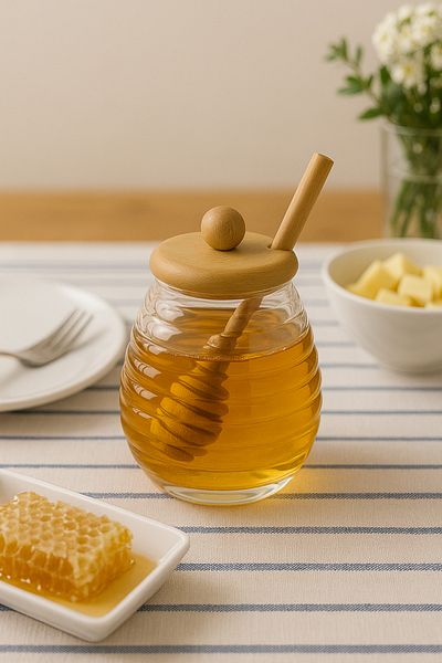 CEZVE HOME Glass Honey Jar with Bamboo Lid and Spoon -340Ml