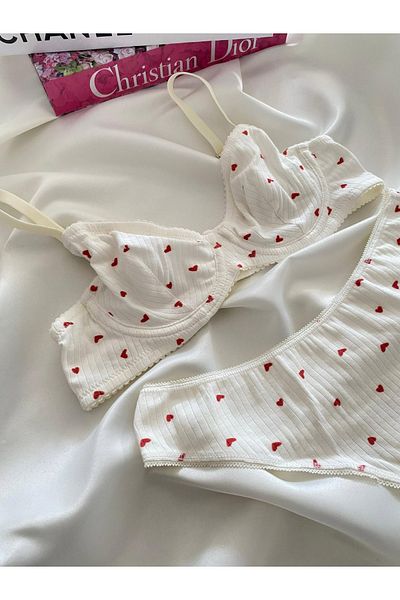 RUYAZ Set sutien din bumbac pieptănat cu model de inimă albă Set lenjerie de corp Lenjerie de zi cu zi