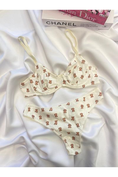 RUYAZ Set sutien din bumbac pieptănat cu model ursuleț Set lenjerie intimă (sutien tanga)