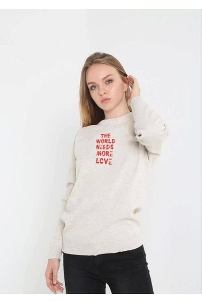 SuQ Unisex Crew Neck Printed Woven Knitwear - Beige