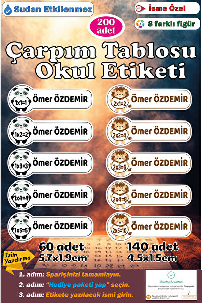 GSticker İsme Özel Okul Etiketi Kalem Defter Etiketi Sticker Çocuk Çarpım Tab...