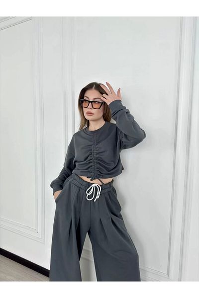 SuQ Long Sleeve Front Drawstring Crop and Trousers Double Set - Anthracite