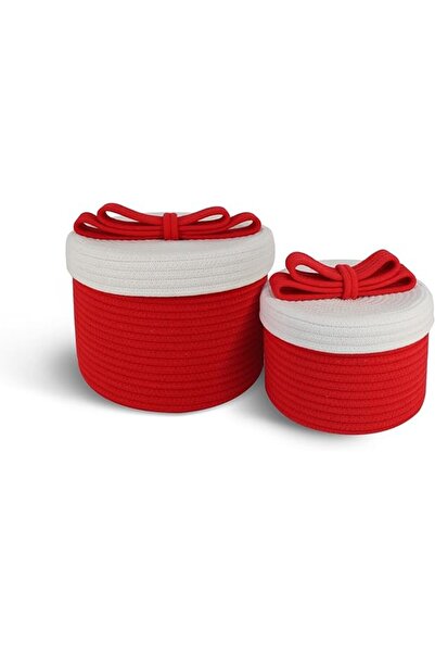 The Bros Set of 2 Red Cotton Rope Storage Baskets with Lids – Toy, Book & Nur...