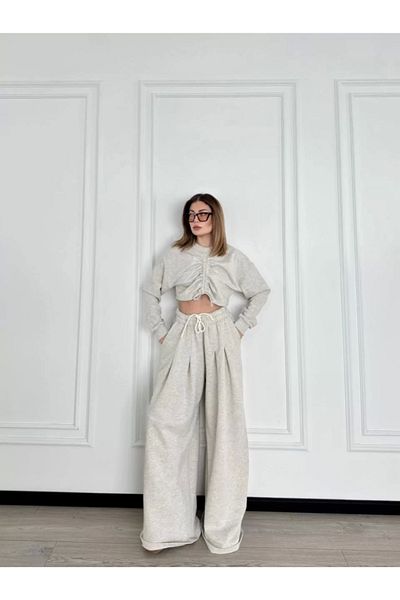 SuQ Long Sleeve Front Drawstring Crop and Trousers Double Set - Gray