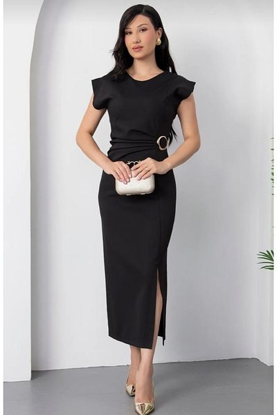 MODA Crew Neck Gold Accessory Detailed Drawstring Atlas Fabric Premium Very Stylish Midi Dress