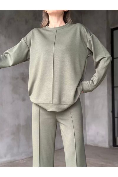 SuQ Osy Modal Soft Textured Fabric Crew Neck Suit - Khaki