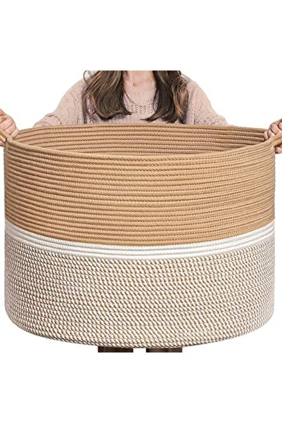 The Bros سلة تخزين بطانيات مزخرفة بمقابض مصنوعة من حبل قطني مقاس XXL، 22×22×1...