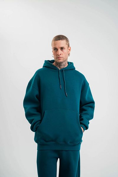 SuQ Unisex Double Oversize Hooded Basic Sweatshirt - Dark Sea Green