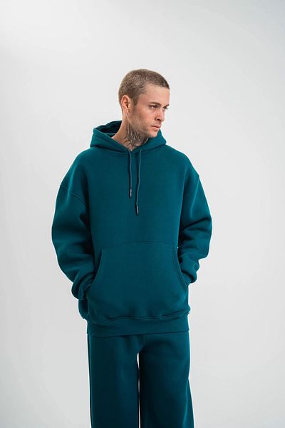 SuQ Unisex Double Oversize Hooded Basic Sweatshirt - Dark Sea Green