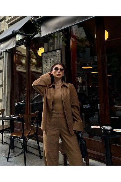 SuQ Suede Shirt Palazzo Trousers Double Set - Brown