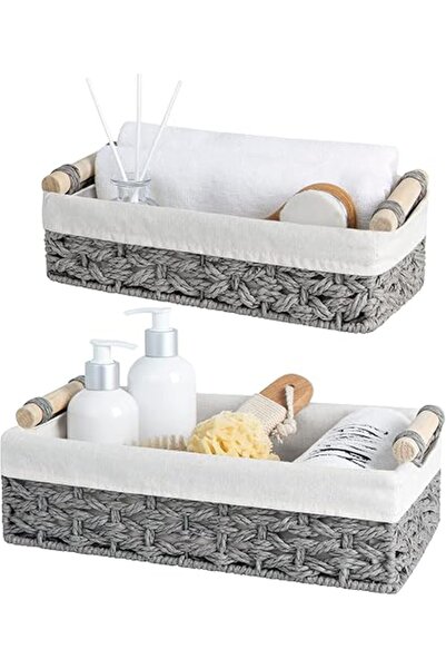 The Bros مجموعة من سلتين تخزين صغيرتين من الخيزران - منظمين رماديين لسطح العمل مع بطانة من الألياف الطبيعية