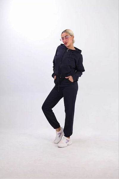 SuQ Two Thread Hooded Zippered Crop Oversize Cardigan Suit - Navy Blue