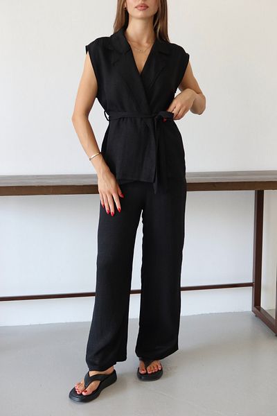 Mogi Butik Women's Belted Vest Palazzo Linen Blended Woven Suit 3080