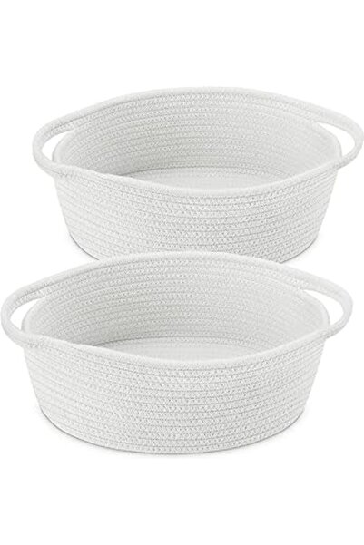 The Bros 2-Pack Small Woven Baskets – White Rope Storage Bins with Handles fo...