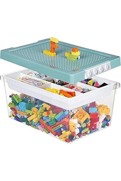 The Bros صندوق تخزين ألعاب ليغو - سلة تنظيمية مع صينية قابلة للإزالة وغطاء لم...
