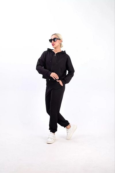 SuQ Two-Thread Hooded Zippered Crop Oversize Cardigan Set - Black