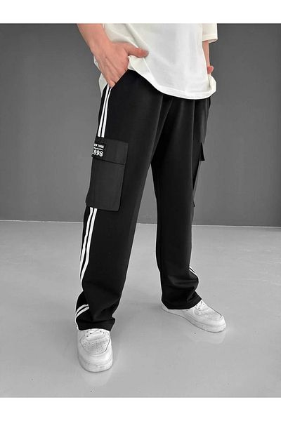 SuQ Two Thread Fabric Cargo Pocket Striped Bottom Tracksuit - Black