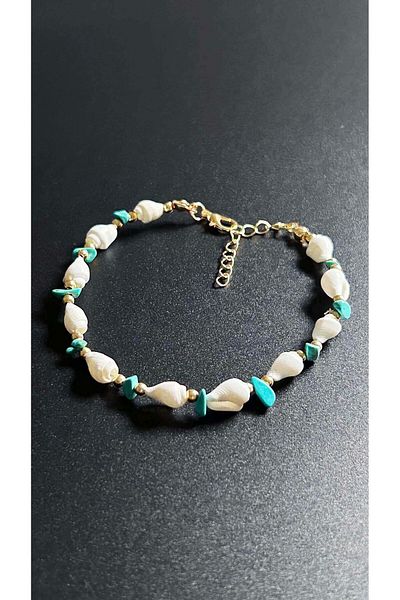 Neon Takı by Atalay Sensitivity Tag and Seashell Anklet 39, Turquoise - White