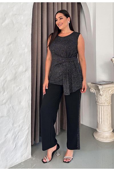 FOR ESRA BIG TREND Women's Plus Size Top Glitter Waist Gathered Piece Sleeveless Pants Side Glitter Pocket Waist Elastic Evening Dress Suit