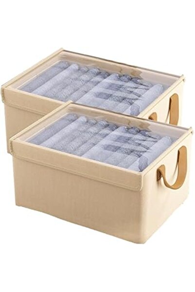 The Bros عبوتان من صناديق تخزين الكتان كبيرة الحجم - منظم خزانة بيج بإطار معدني وغطاء للأرفف