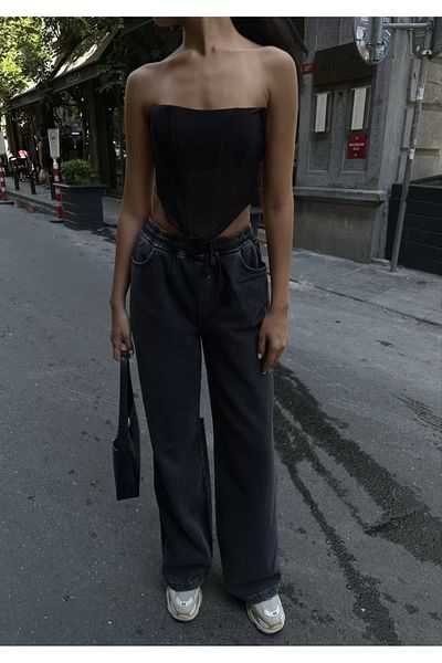 SuQ Women's Jeans Denim Palazzo Pants with Back Slits - Black