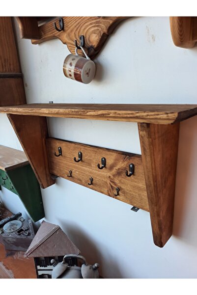 handwood Ahşap Duvar Rafı Anahtarlık Tamamı Çam Ağacından Ceviz Renkli Raf