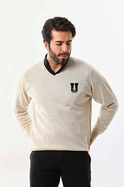 modamtn    Printed V-Neck Long Sleeve Woven Knitwear - Beige