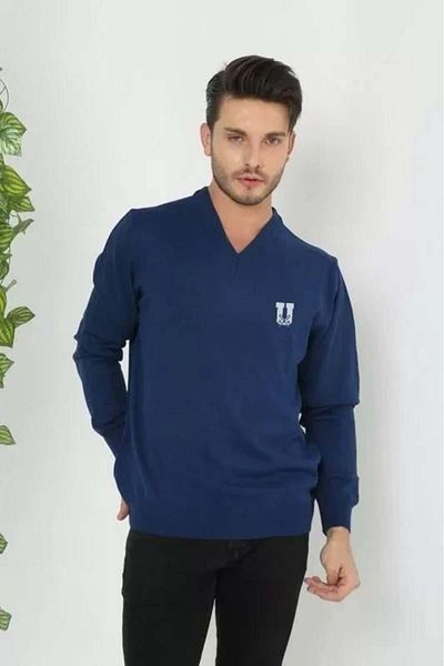 modamtn    Printed V-Neck Long Sleeve Woven Knitwear - Indigo