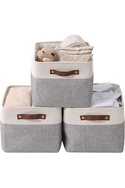The Bros مجموعة من 3 سلال تخزين قماشية كبيرة الحجم 15×11 بوصة، صناديق كتان قابلة للطي للخزانة والأرفف - رمادي