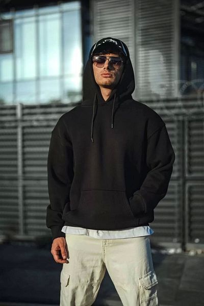 SuQ Three Thread Combed Cotton Hooded Basic Sweatshirt - Black