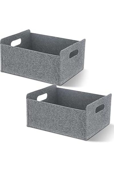 The Bros 2-Pack Foldable Felt Storage Baskets – Grey Rectangular Organizers, 30x26x12.5 cm (Large)