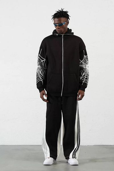 SuQ Three thread b Printed zipper k Hooded cardigan - black