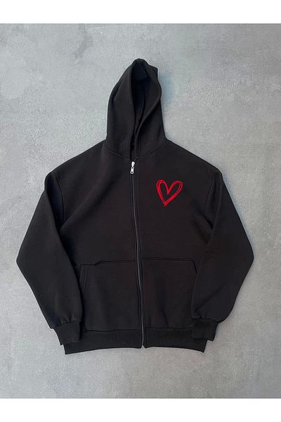 SuQ Three thread b Printed zipper k Hooded cardigan - black