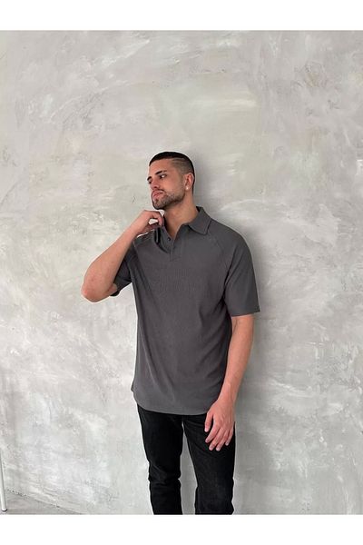 SuQ Collared Placket Short Sleeve T-Shirt - Anthracite