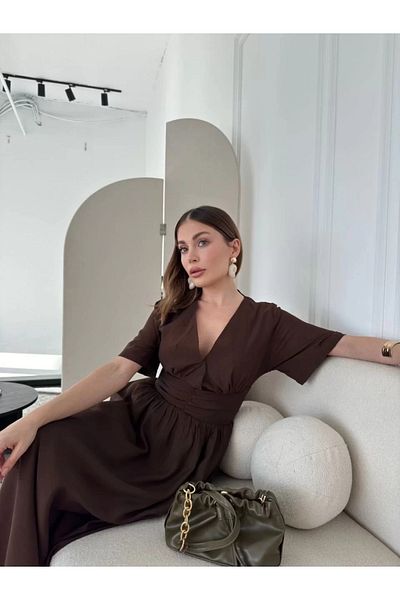 SuQ    Short Sleeve Long Dress - Brown