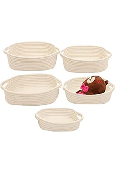 The Bros مجموعة من 5 سلال حبال مستطيلة باللون البيج، صناديق تخزين منسوجة مزخر...