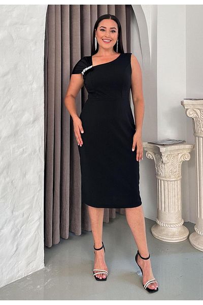 FOR ESRA BIG TREND Women's Plus Size Shoulder Satin Shirring Stone Accessory Asymmetric Collar Sleeveless Stretchy Midi Length Evening Dress